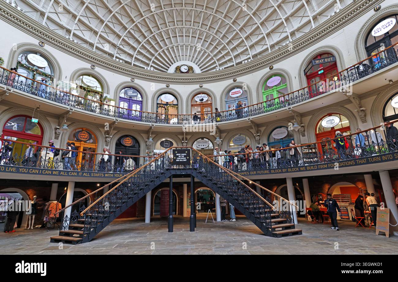 Leeds Corn Exchange interior in Leeds city centre, West Yorkshire, England, UK, showing central staircases and galleries. Stock Photo