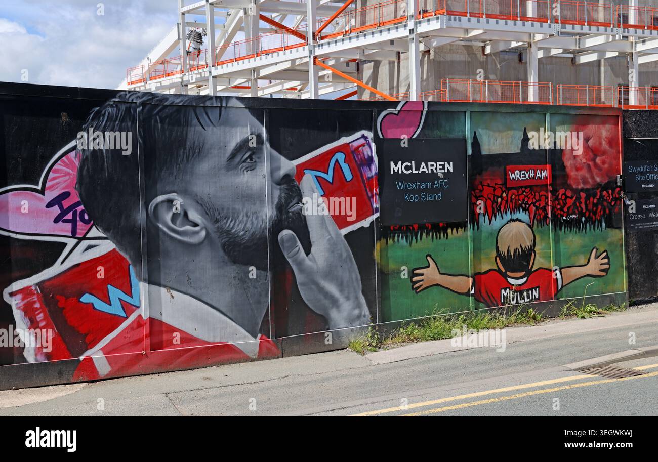 Steel structure of Wrexham AFC’s new Kop Stand under construction at the STōK Cae Ras football stadium in Wrexham, Wales. Stock Photo
