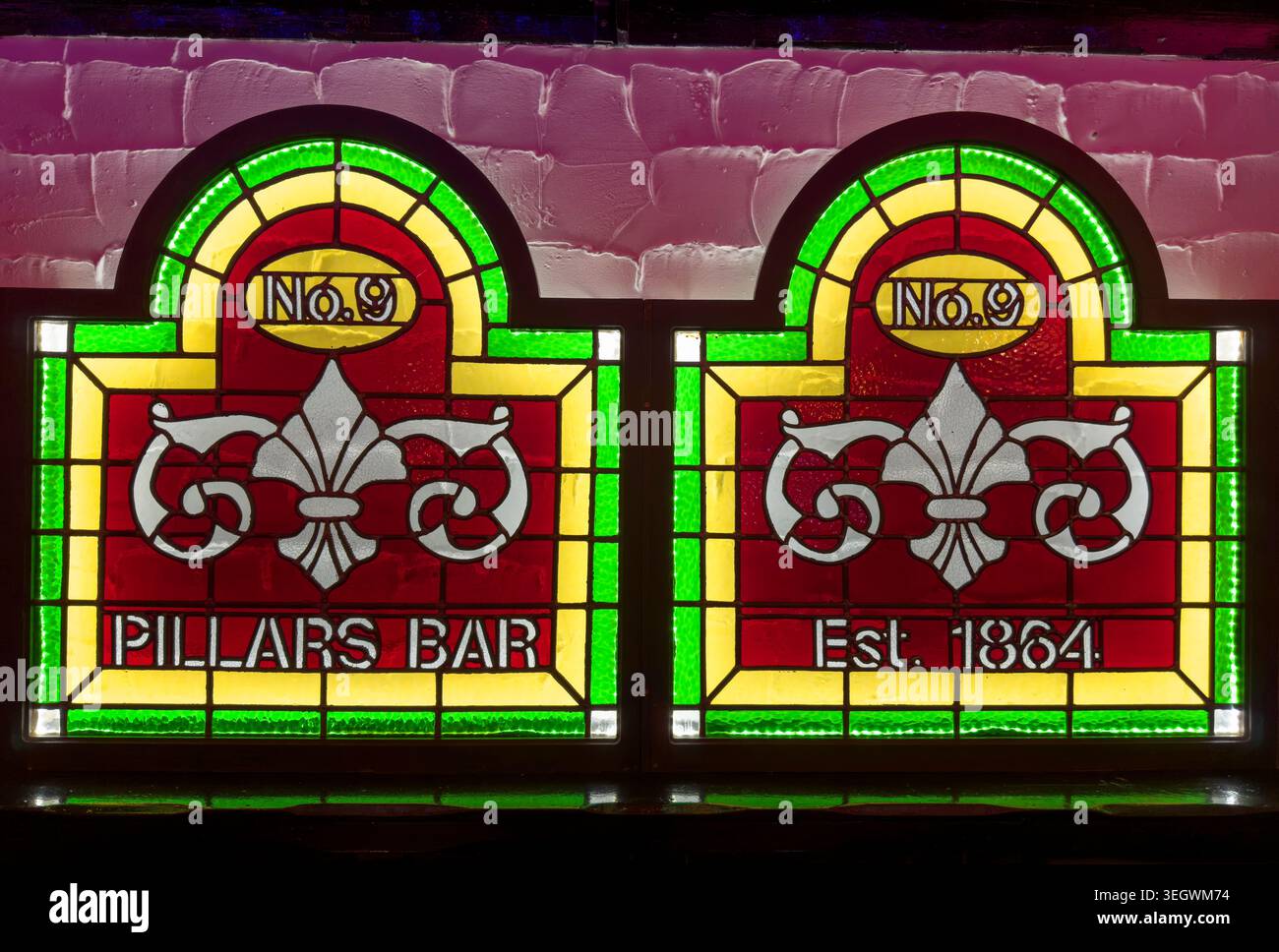 Pillars Bar stained glass windows dated 1864 in Dundee, Scotland, UK. Stock Photo