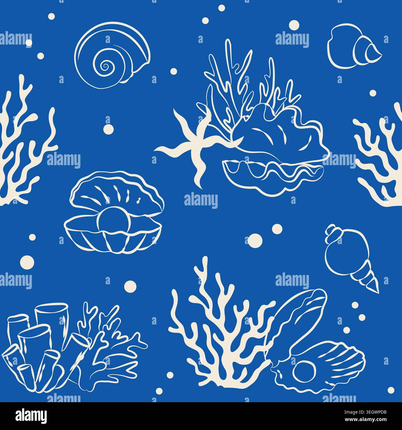 Hand-drawn seamless pattern of seashells and corals in line art for wedding, event decor, menu, summer seaside vacation designs Stock Vector