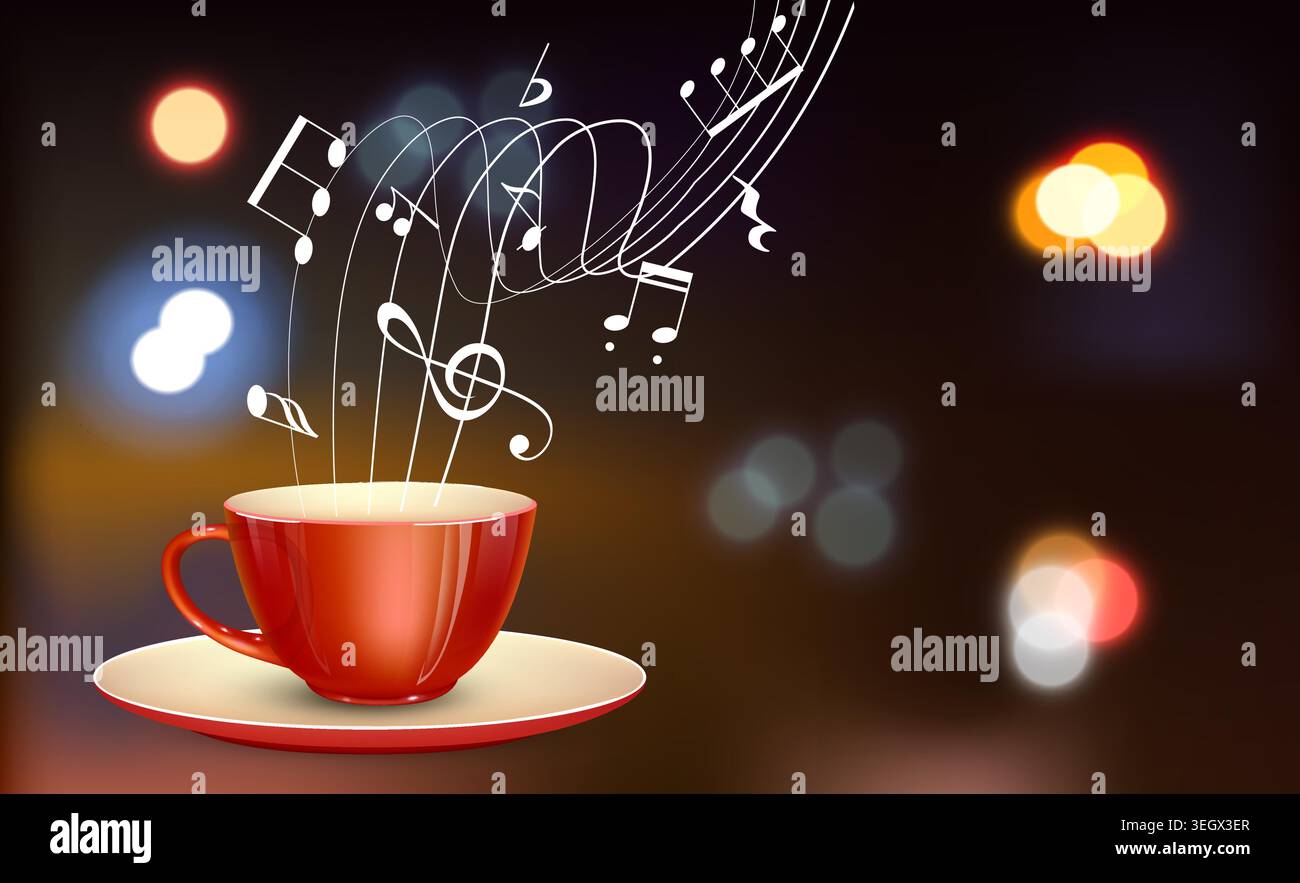 Red coffee mug with musical notes and bokeh lights Stock Vector