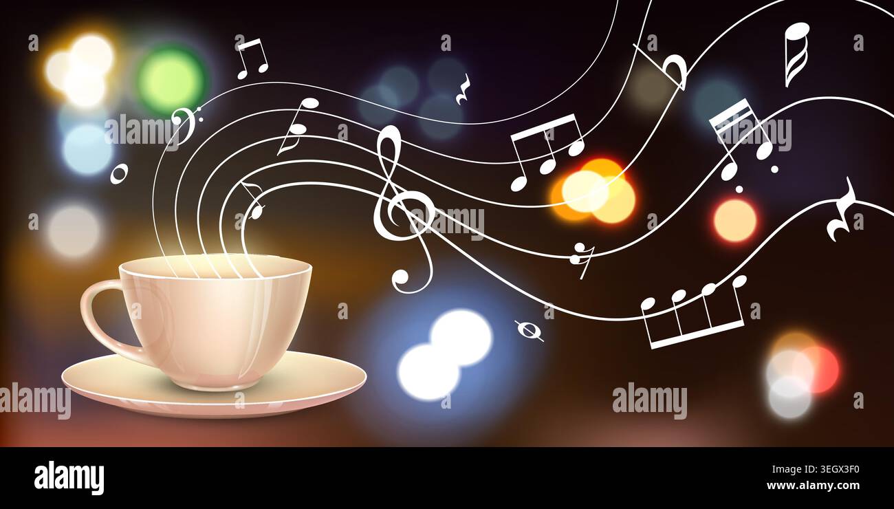 Coffee mug with musical notes and bokeh lights Stock Vector