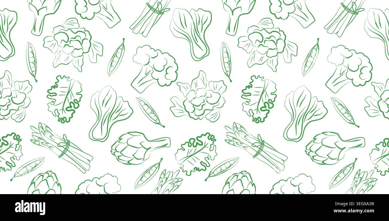 Doodle seamless pattern with green vegetables. Stock Vector