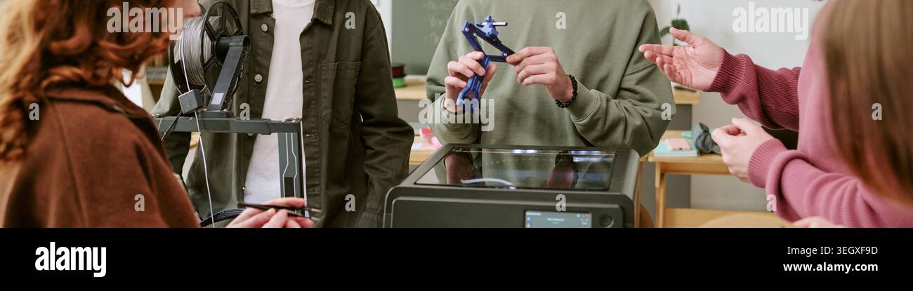 Header of Teenagers Using 3d Printer and Prototype in Stem Classroom Stock Photo