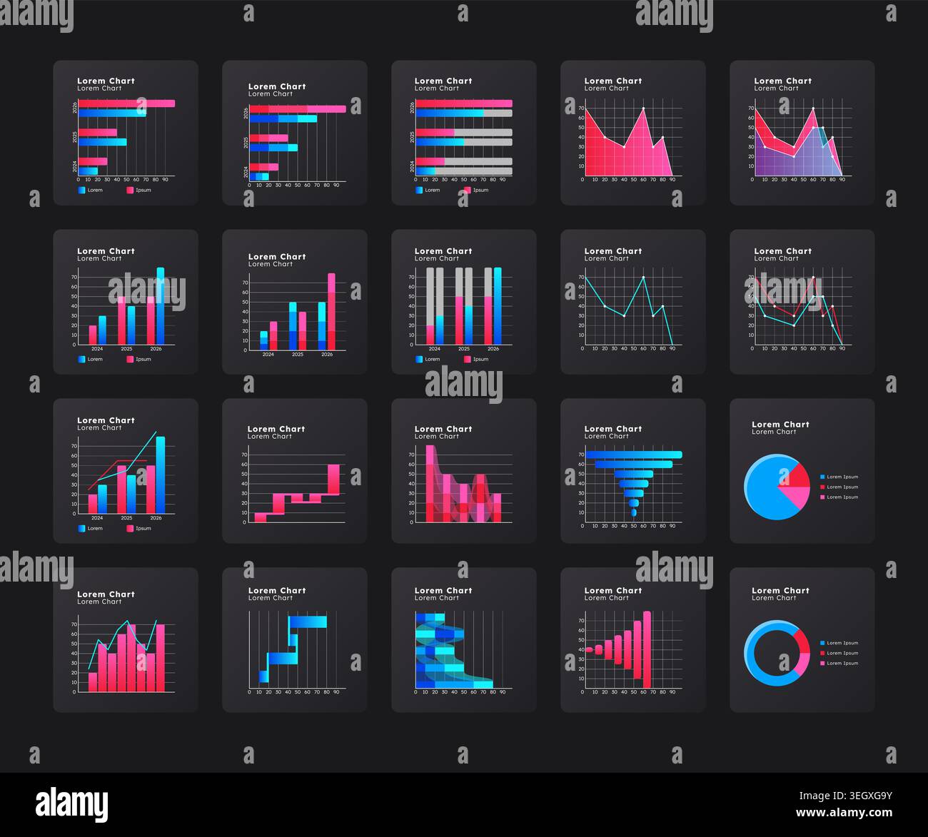 Business data gathering graph ux dashboard dark set Stock Vector