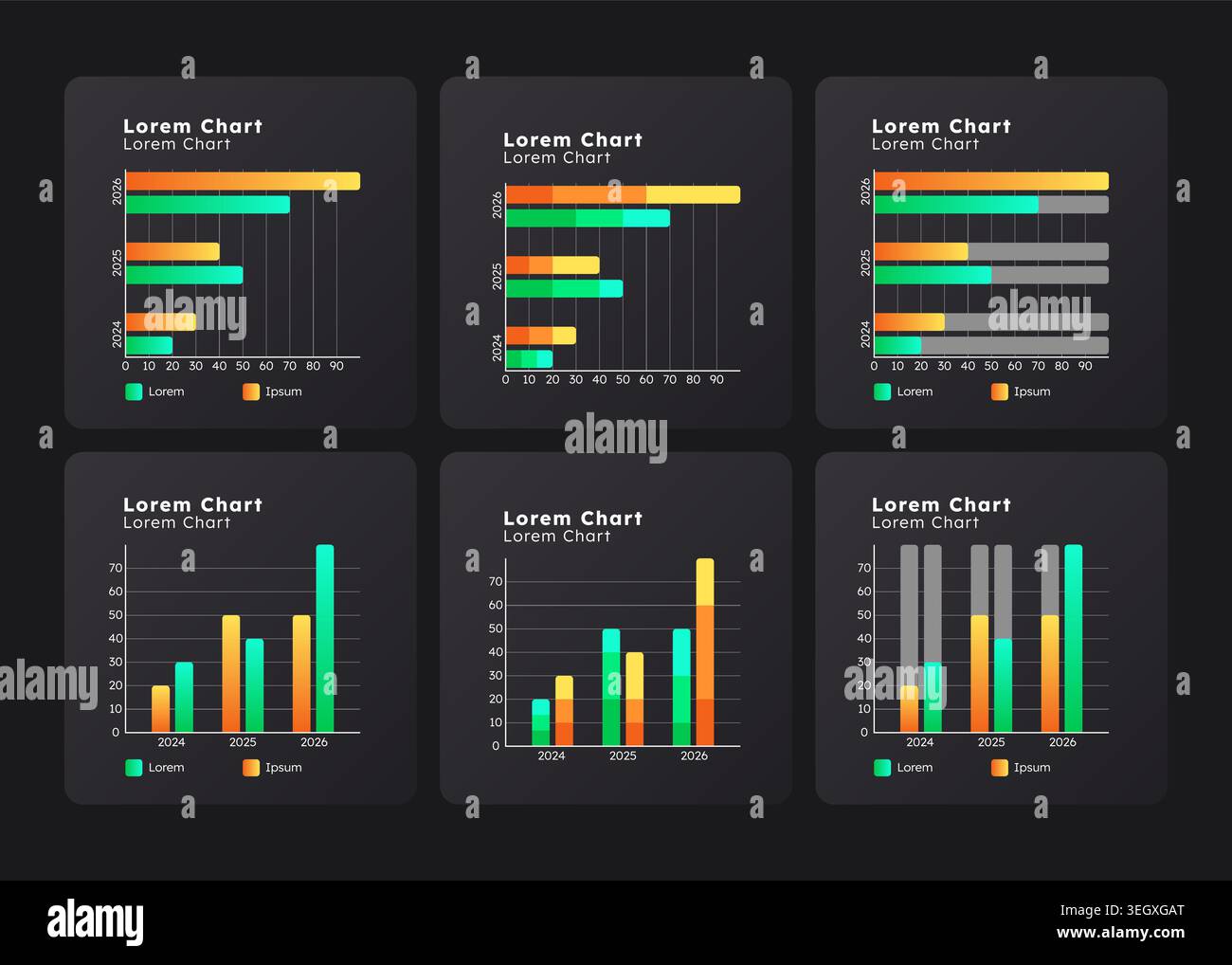 Bar charts vertical horizontal graph ux dashboard dark se Stock Vector