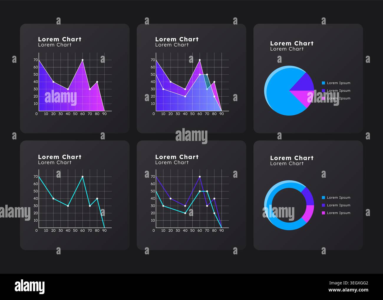 Analyzing data with different infocharts graph ux dashboard dark set Stock Vector