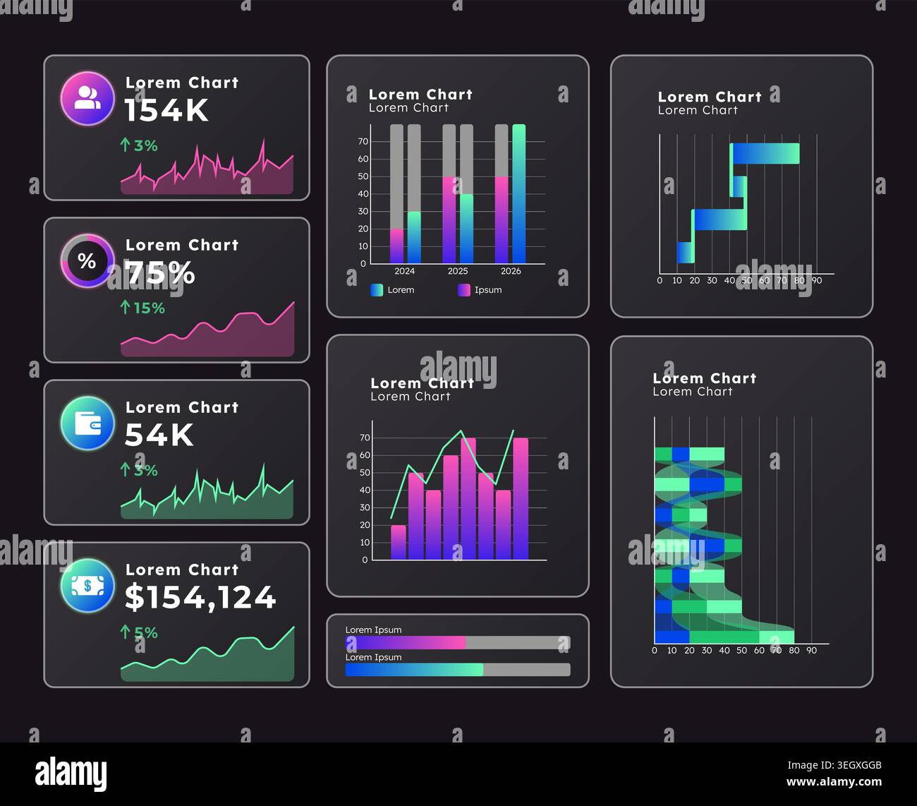 Process monitoring technology graph ux dashboard dark set Stock Vector