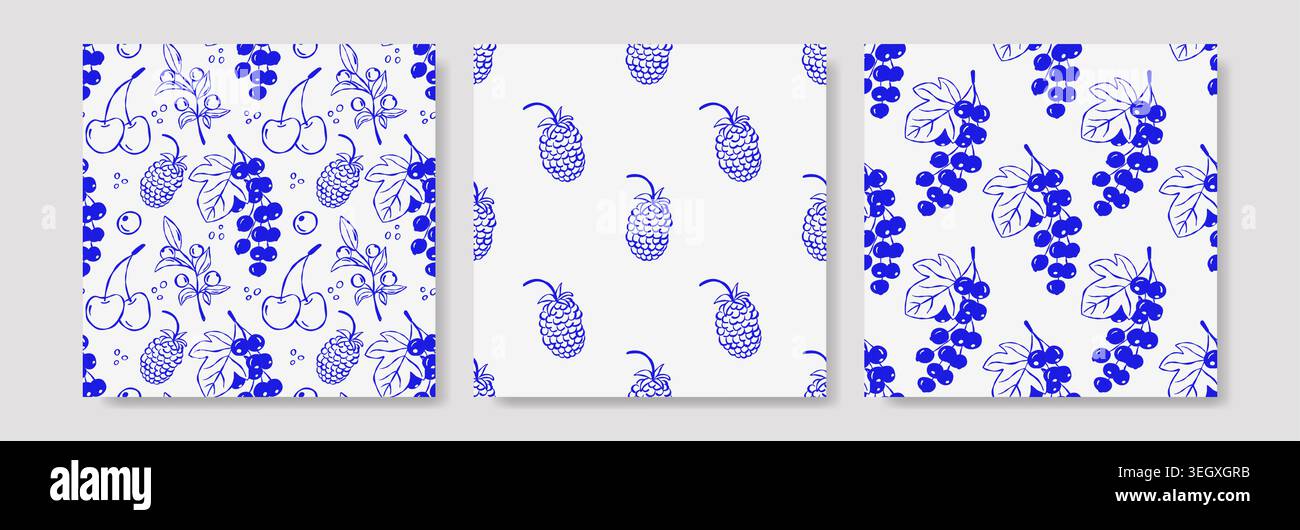 Three seamless patterns with stylized blue grape clusters on white backgrounds Stock Vector