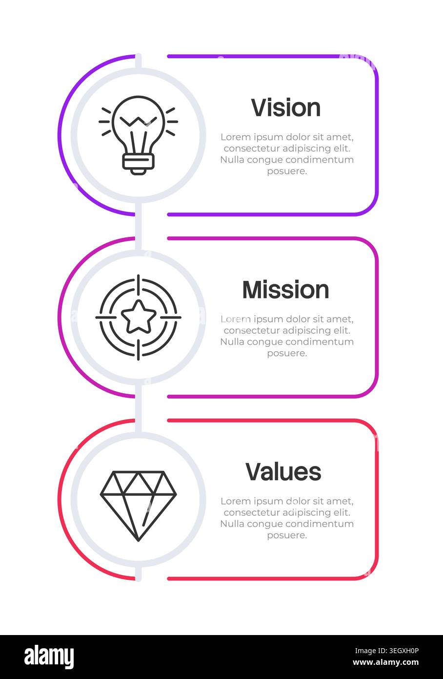 Strategic framework of organization rounded multicolor infographic 3 steps Stock Vector
