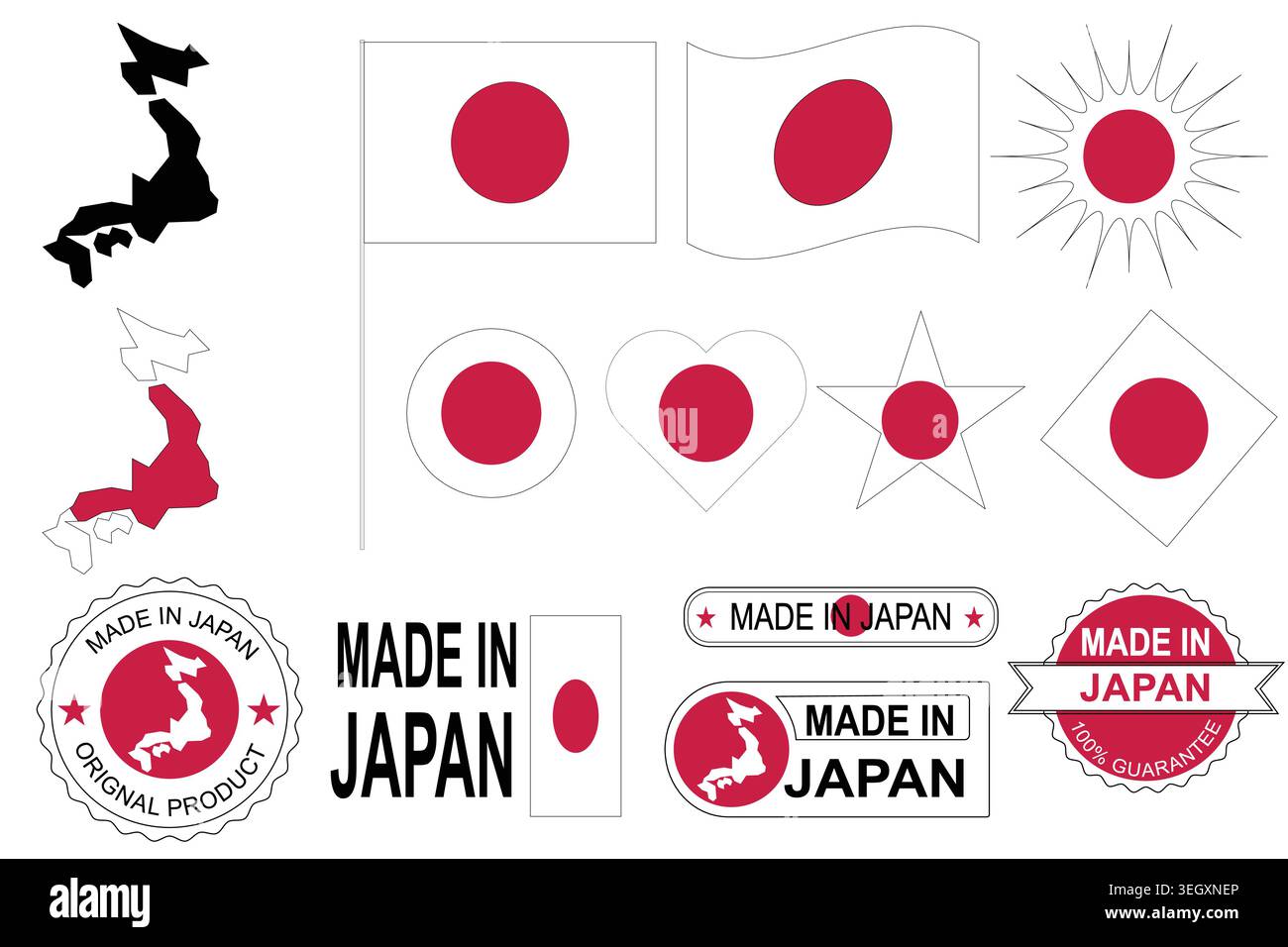Japan national symbols flags map and made in Japan badges vector ...
