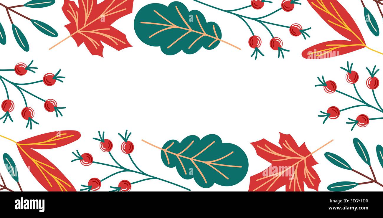 Autumn leaf border with oak and maple foliage, red berries, and green branches a frame element. Fall season concept. Vector illustration. Stock Vector