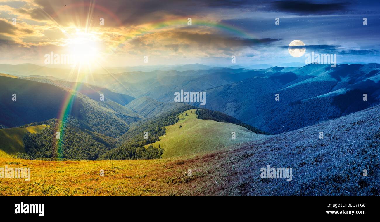 panorama of mountainous landscape. day meet night. wide view of cloudy sky with sun and moon in harmony over the grassy slope of a mountain ridge. epi Stock Photo