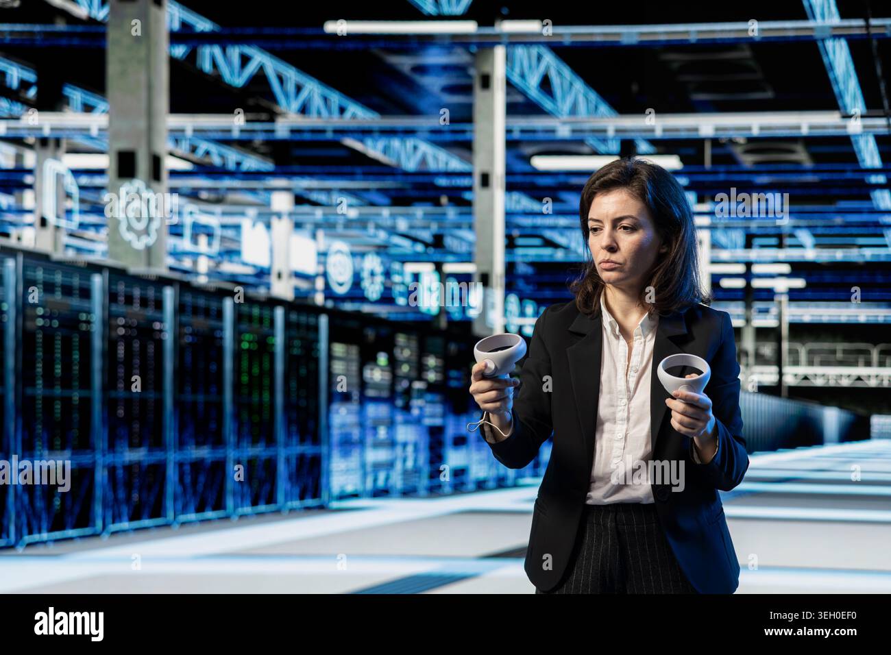 Server farm programmer using high tech gear to do virtual reality simulation, VFX compositing overlay. Data center female engineer creating digital twin virtualization with VR equipment Stock Photo