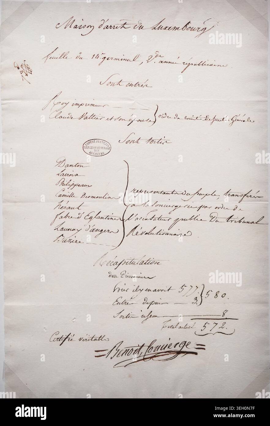 A 1794 handwritten prison register tracking the transfer of Danton and ...