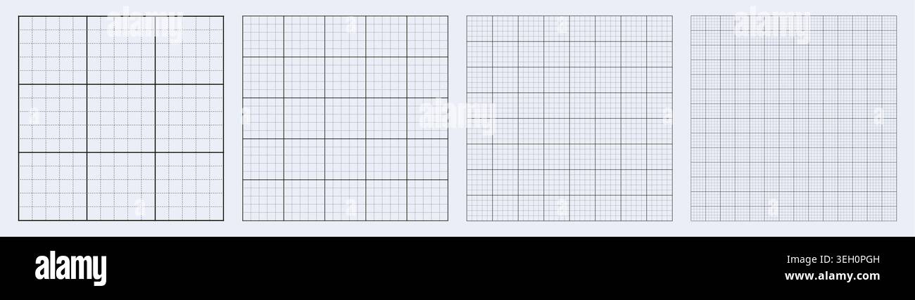 Blueprint grid set micro node square geometry, four scale variations. Wide medium dense micro spacing comparison, engineering layouts dashboards notebook pages interface planning technology graphics. Stock Vector