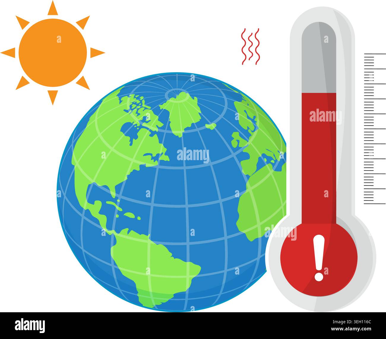 Vector graphic showing a heating Earth with a rising red thermometer to ...