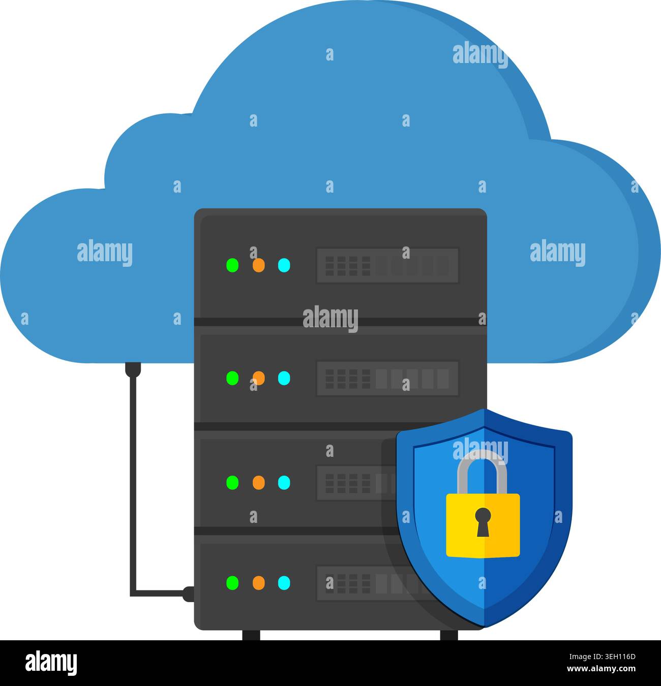 Flat vector illustration of a protected cloud computing server rack with a security shield and padlock icon. Stock Illustration. Stock Vector