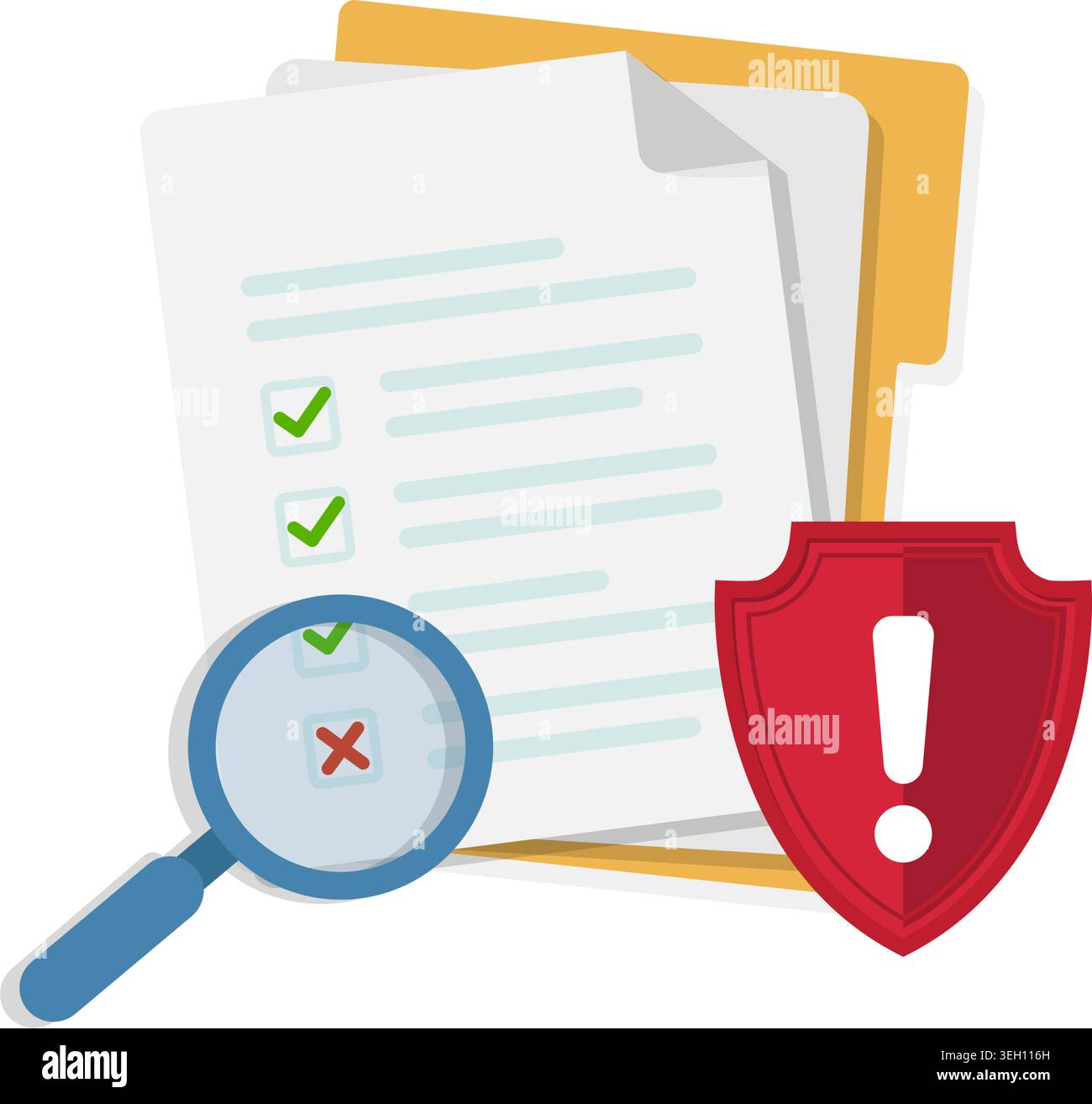 Illustration of document verification process with magnifying glass and warning shield symbolizing data security, audit, and risk control. Stock Vector