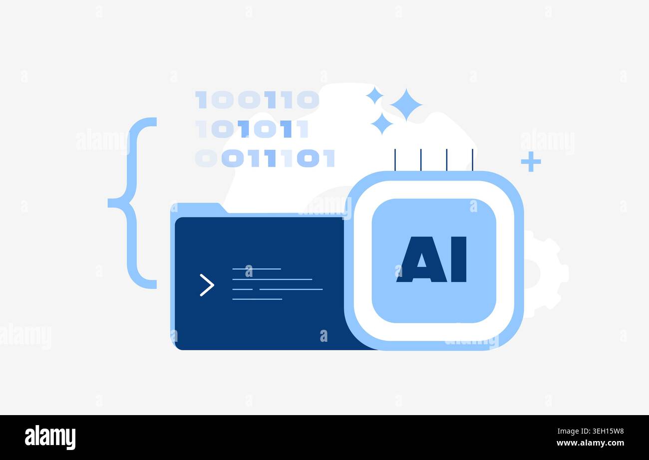 Artificial intelligence icon with binary code, processing large datasets and developing machine learning algorithms within a digital folder structure for advanced AI technological solutions Stock Vector