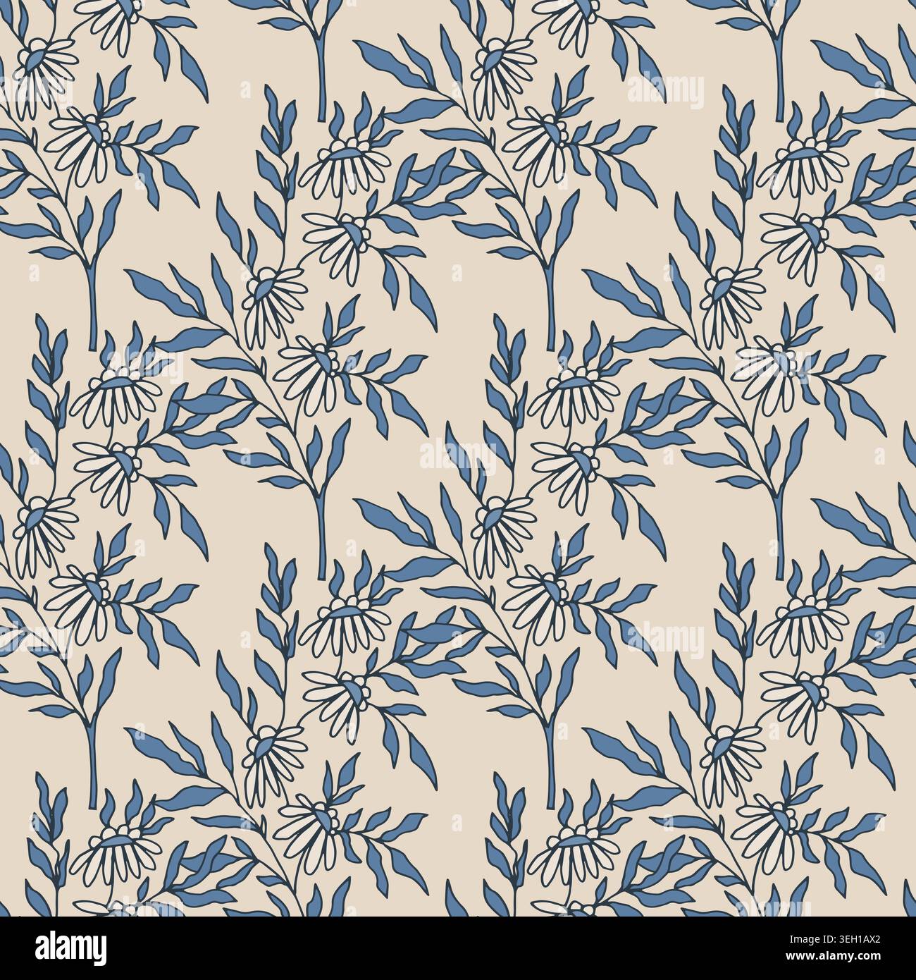 Monochrome Hand Drawn Daisy Branch Print Stock Vector
