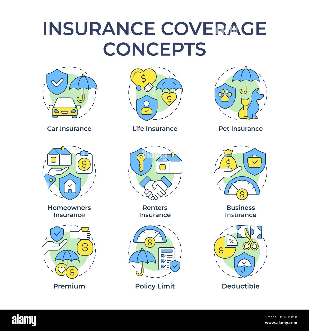 Insurance coverage multi color concept icons Stock Vector