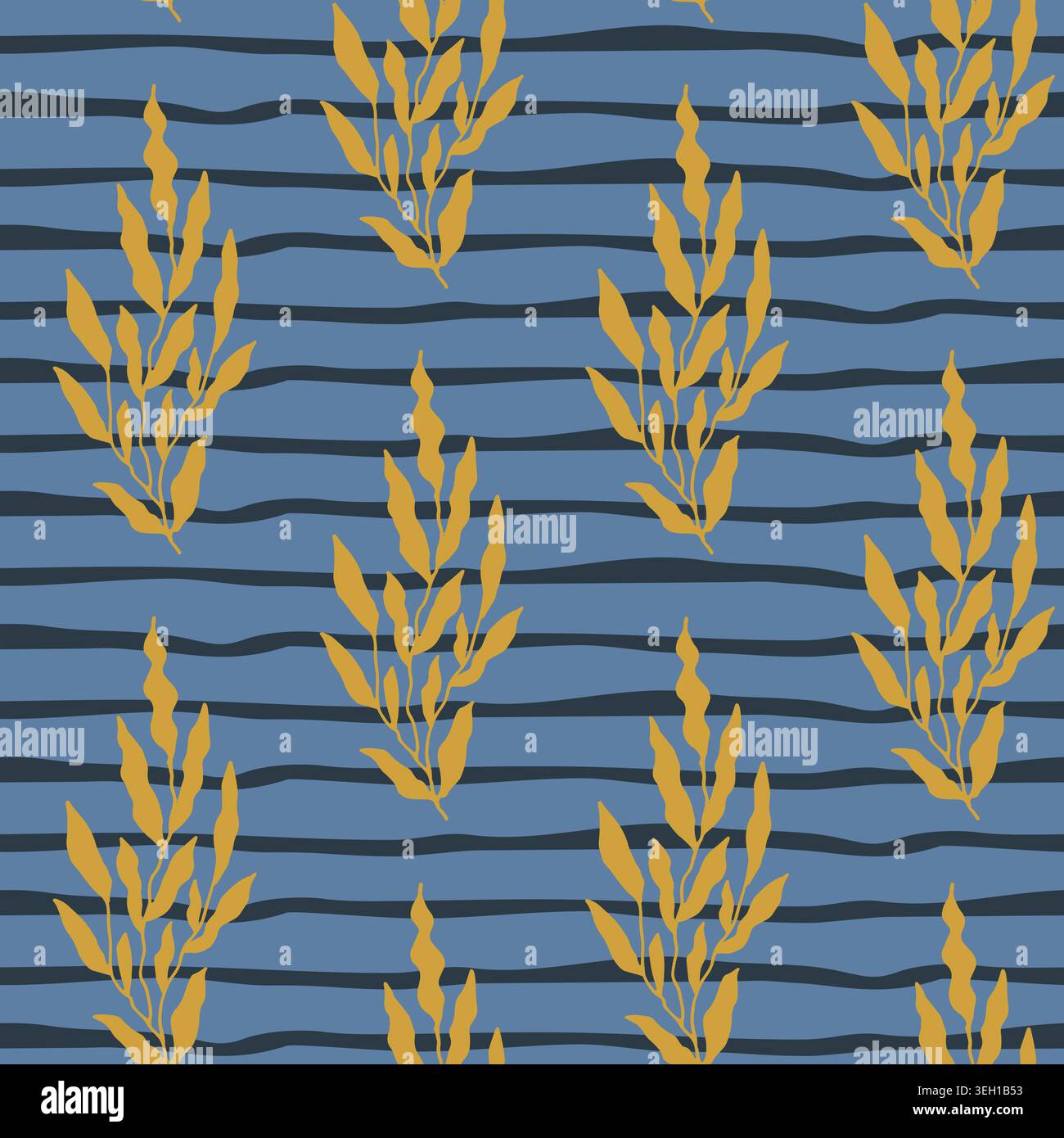 Gold Leaf Sprigs Navy Horizontal Stripes Stock Vector