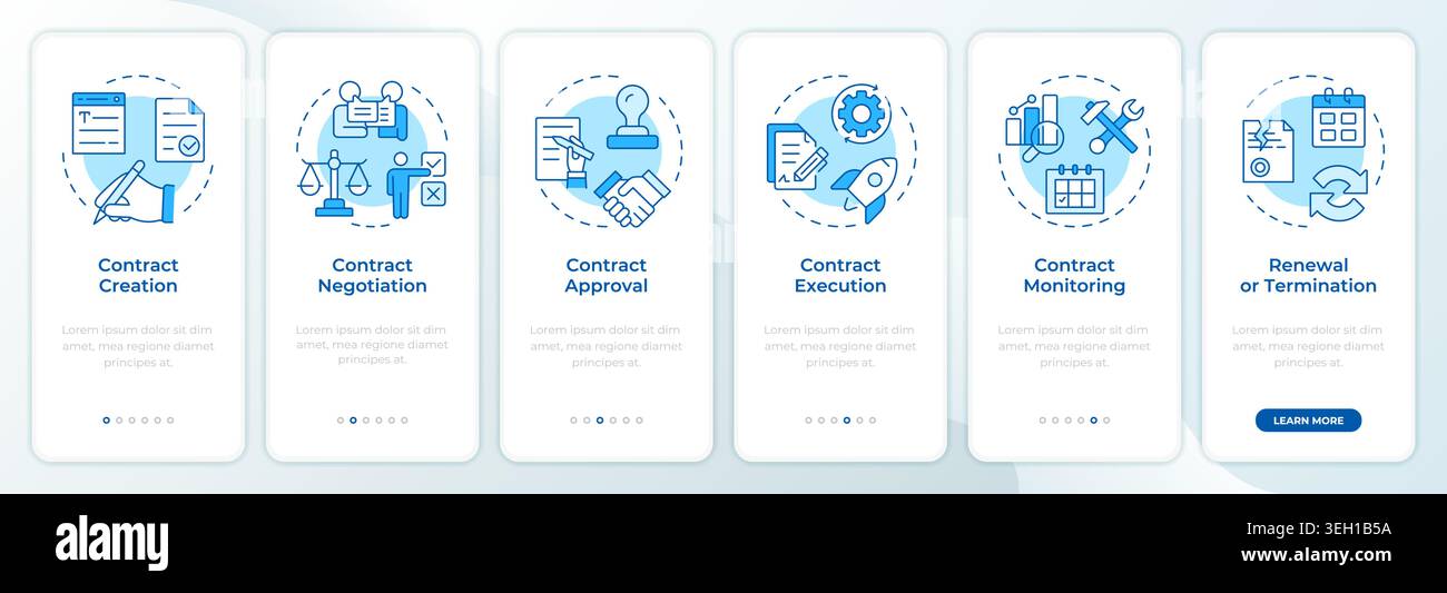 Full contract lifecycle stages blue onboarding mobile app screen Stock Vector