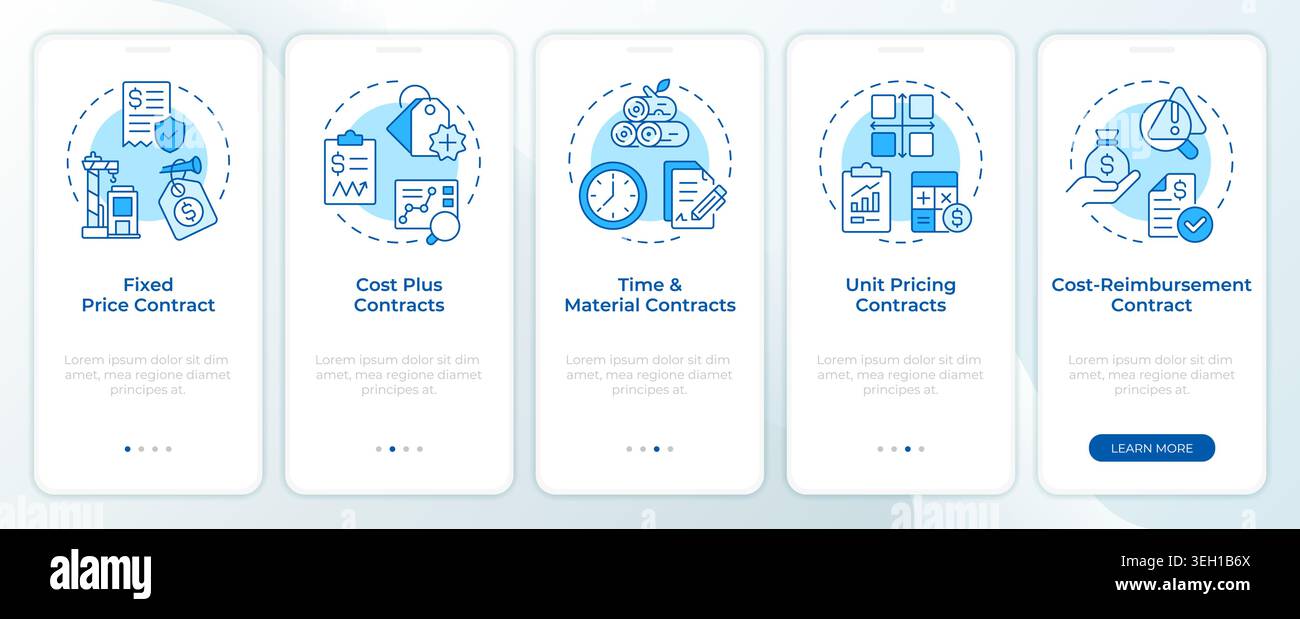 Project contract types blue onboarding mobile app screen Stock Vector