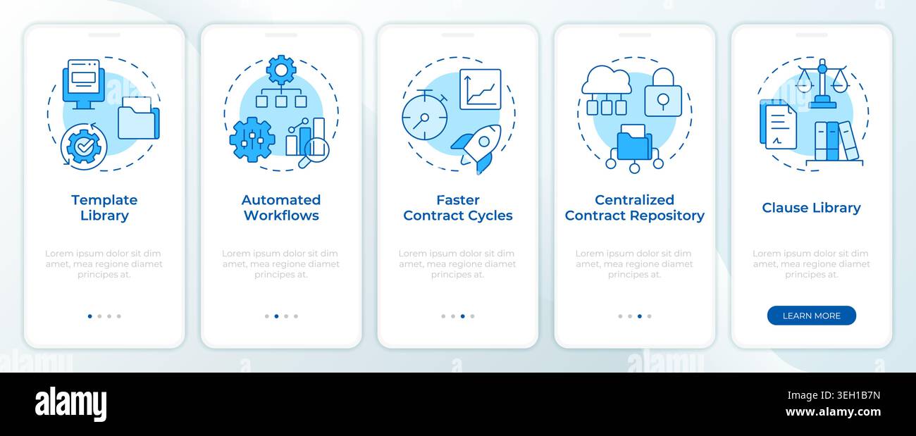 Legal tech platform tools blue onboarding mobile app screen Stock Vector