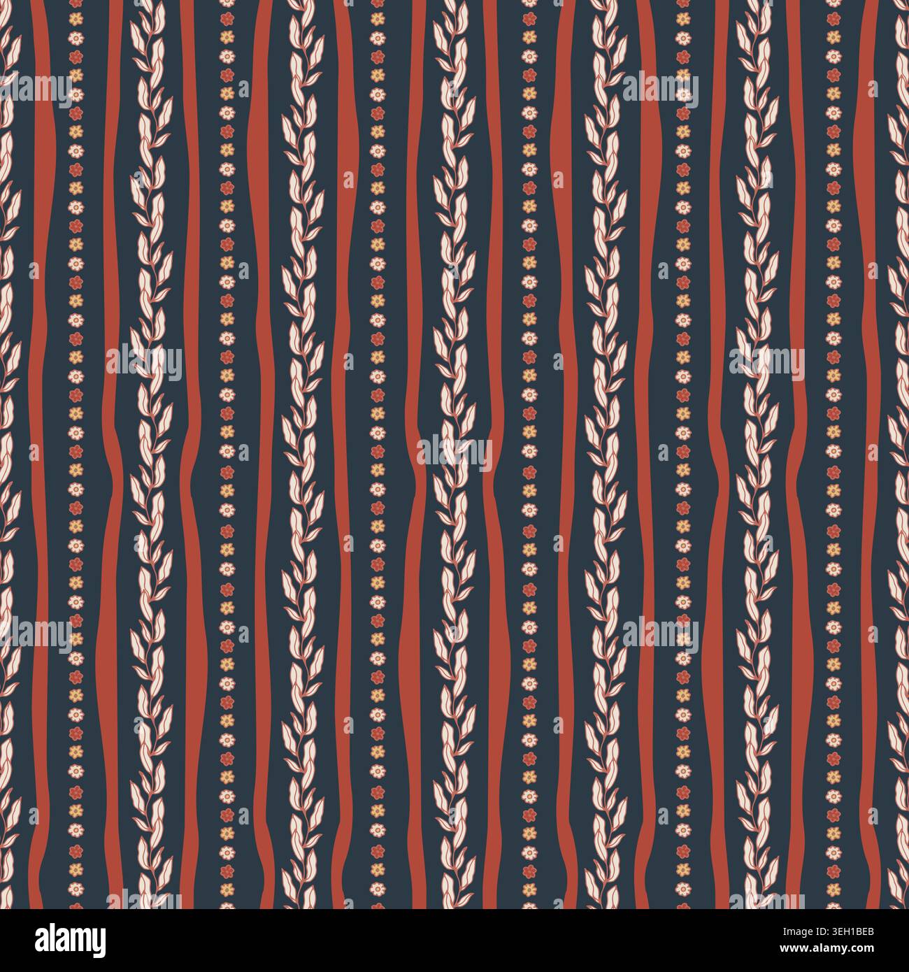 Deep Navy Folk Stripe Leaf Garland Stock Vector