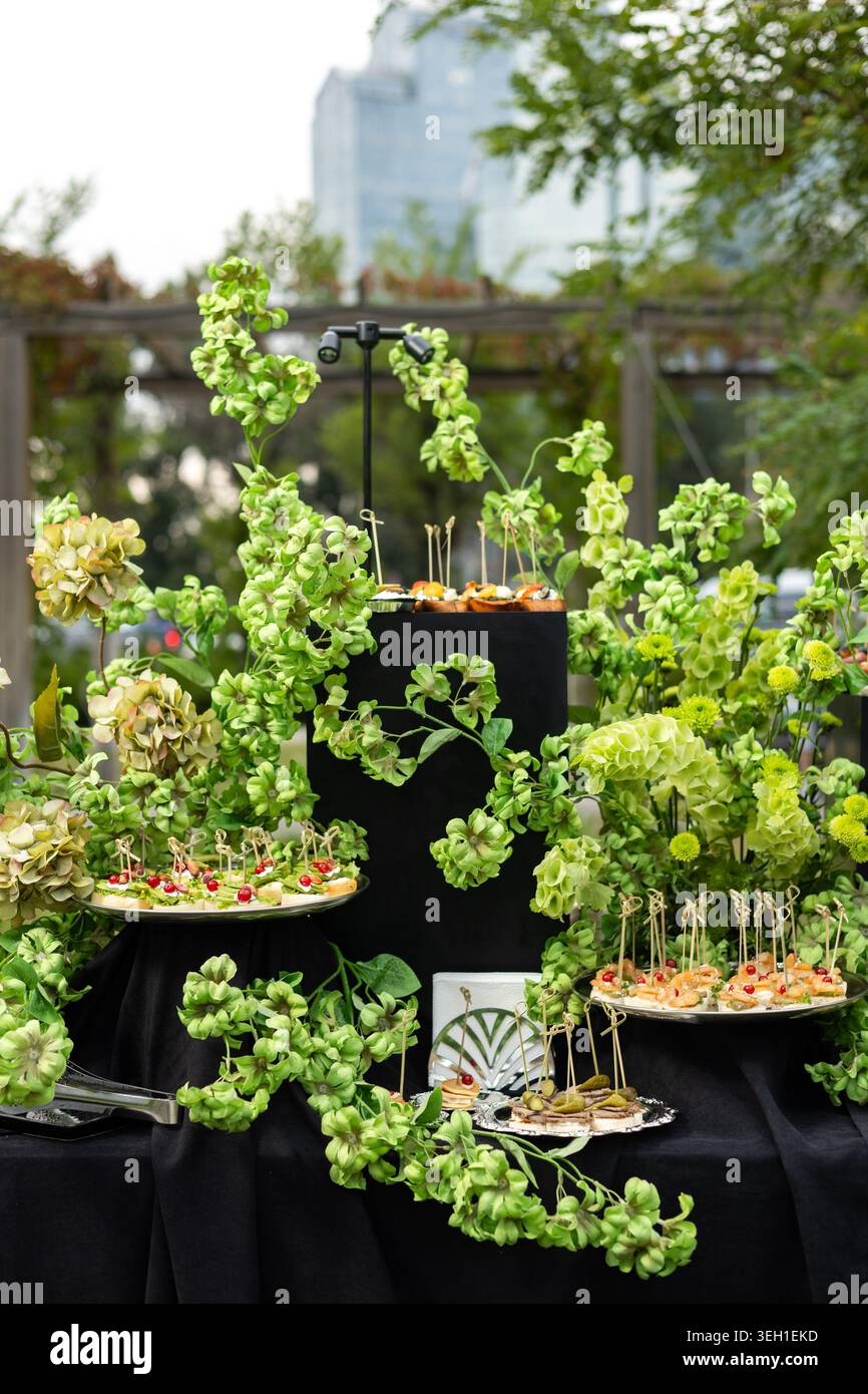 Wide view of an elegant outdoor buffet table covered with black cloth ...