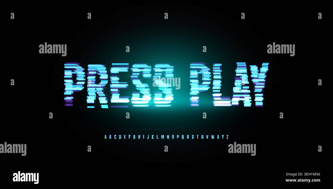 Digital Glitch Font Logo Alphabet Button, Turquoise Neon Glowing Light Future Noise Effect Letter Signs Set, Computer Game Typographic Design Stock Vector