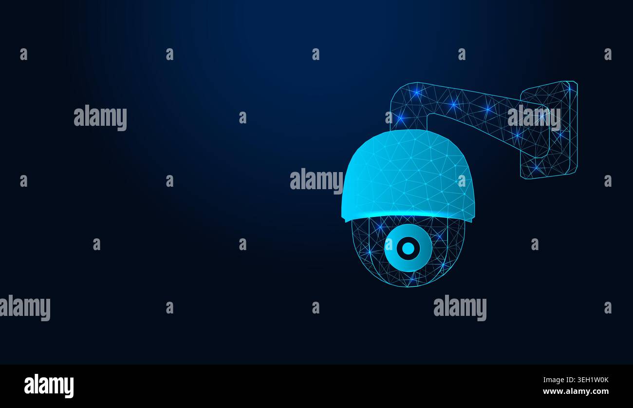 Low poly wireframe security dome camera on dark blue background. Stock Vector