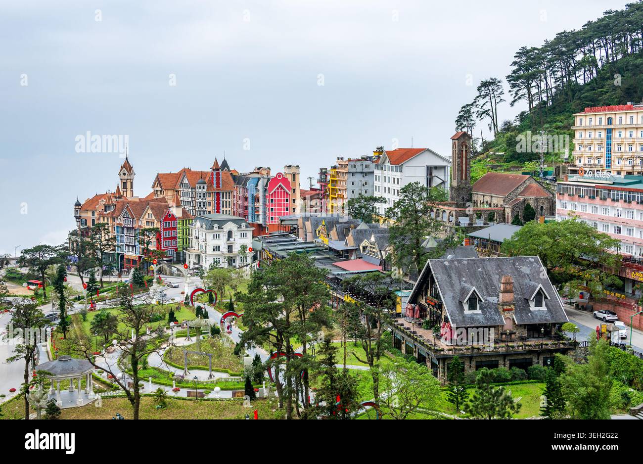 Overview of a small mountain town Tam Dao, Vietnam. Stock Photo