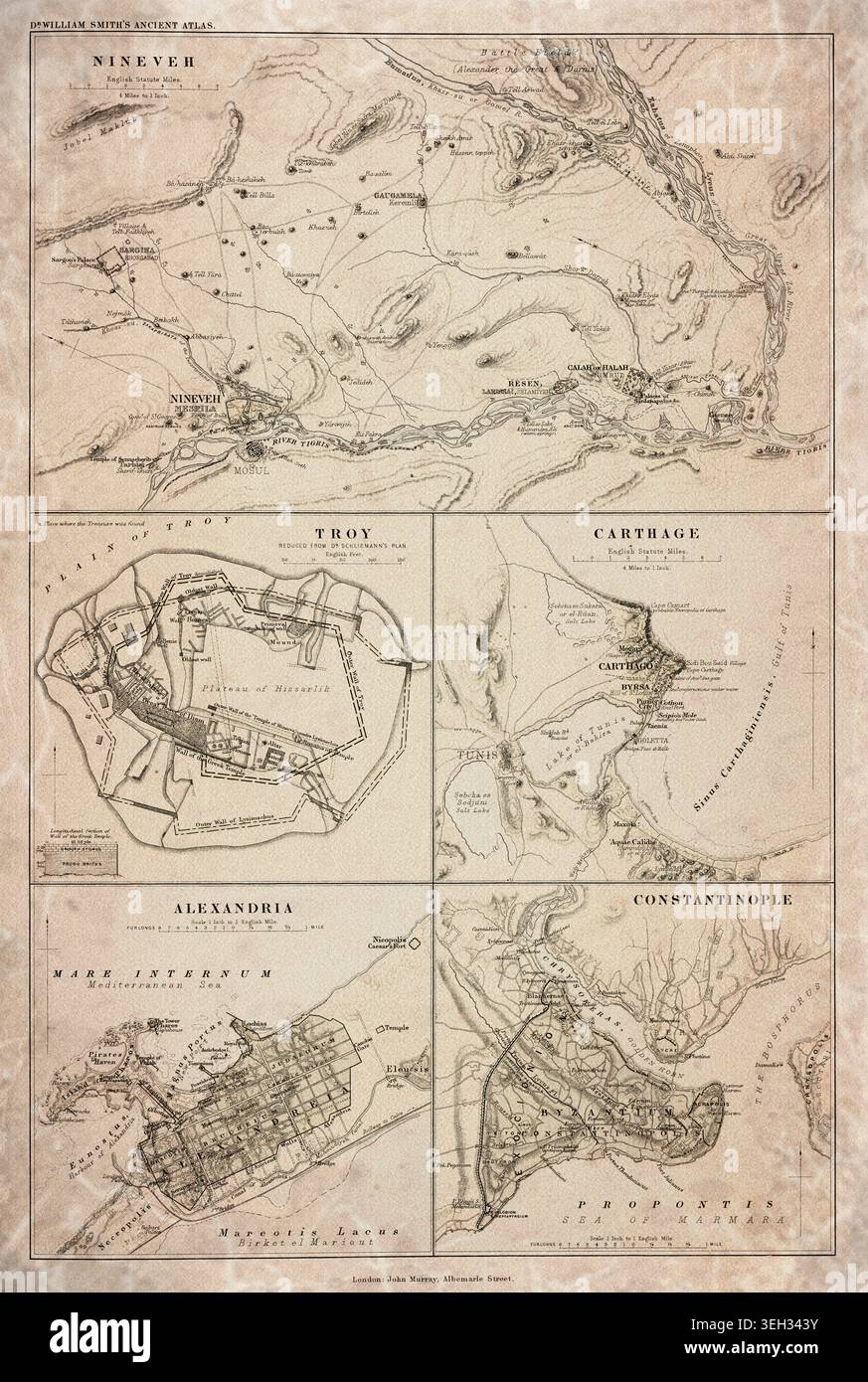 Historical Maps of Ancient Cities: Nineveh, Troy, Carthage, Alexandria and Constantinople (19th Century Atlas) Stock Photo