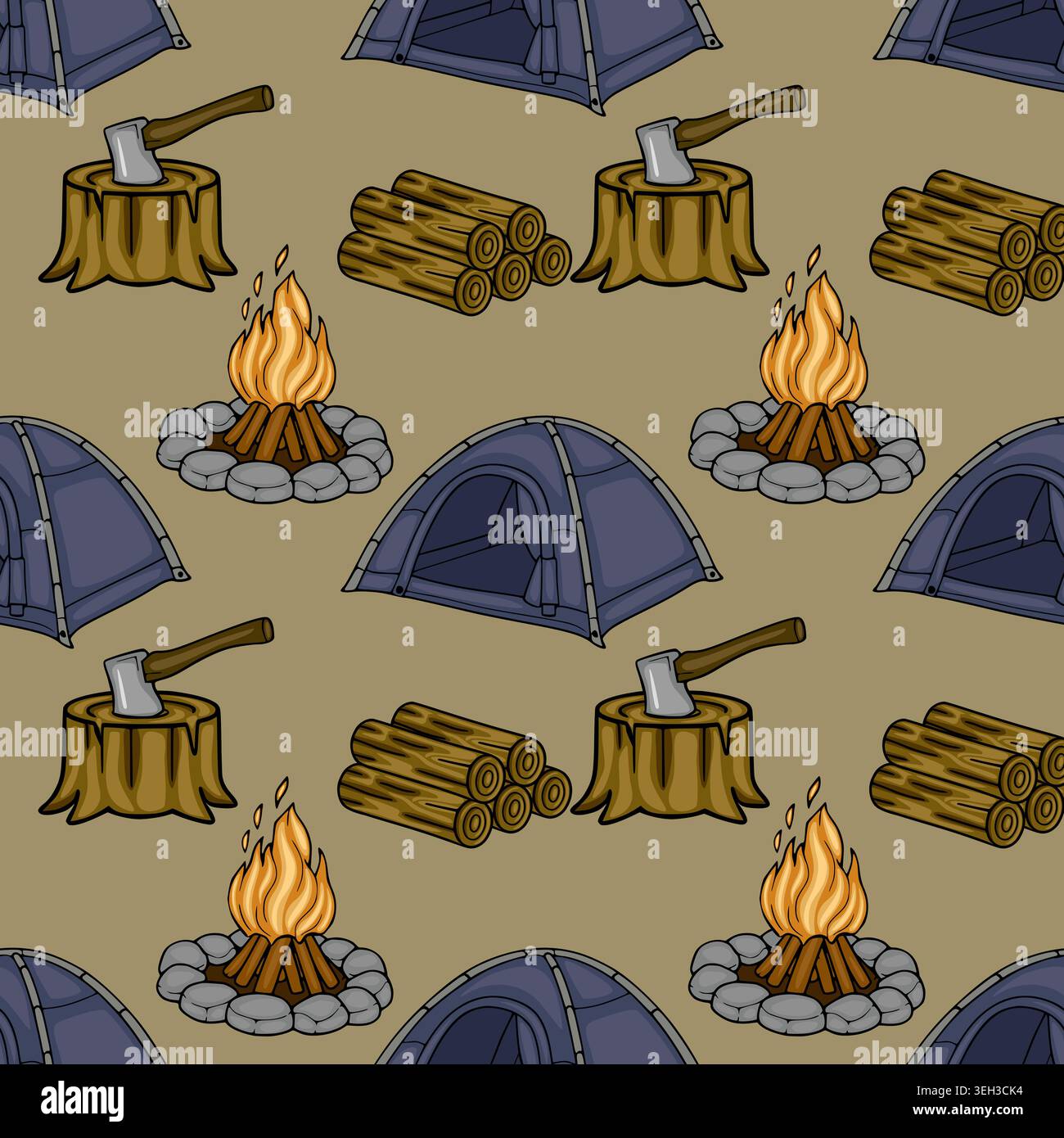 Seamless vector pattern of camping elements: tent, campfire, axe, and firewood Stock Vector