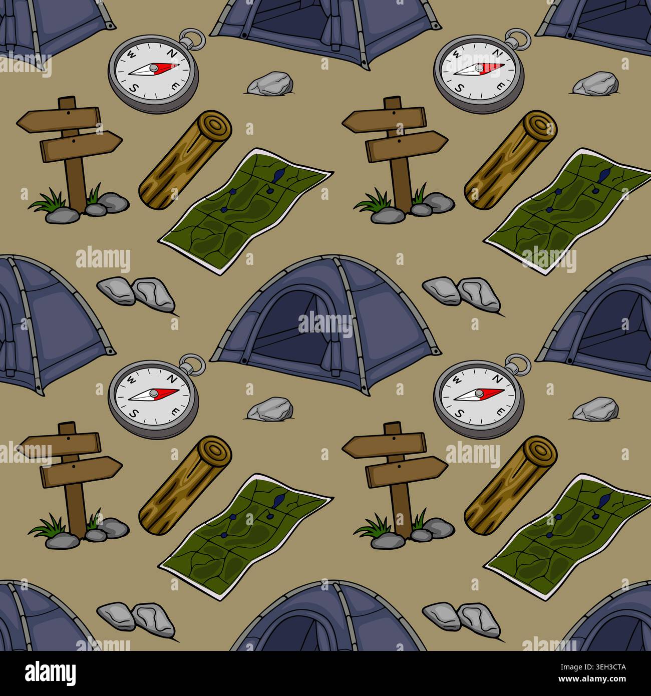 Seamless cartoon vector pattern of camping essentials, including tents, compasses, maps, logs, and signposts on a sandy background. Stock Vector