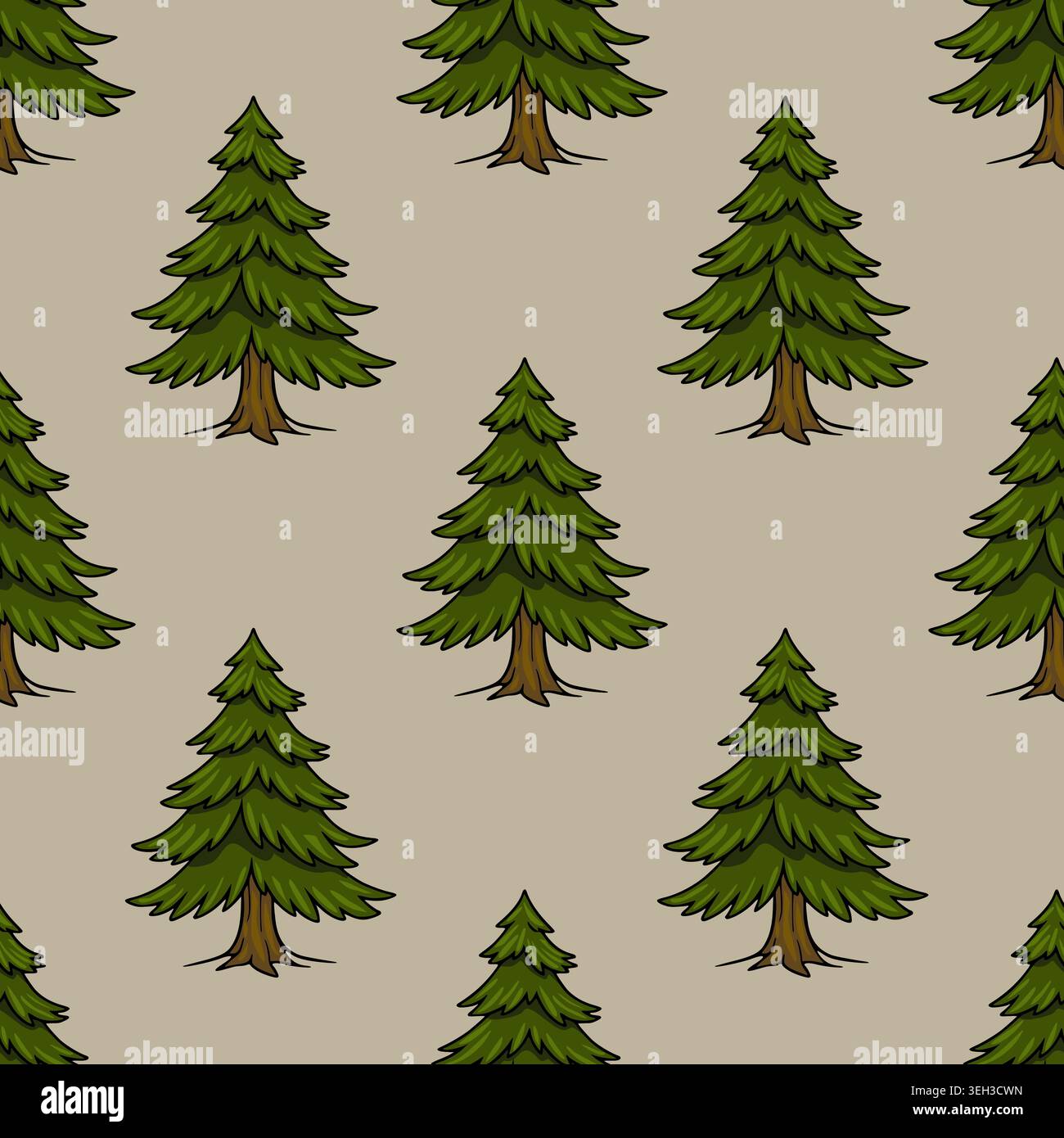 Seamless vector pattern of stylized green pine trees on a beige background Stock Vector