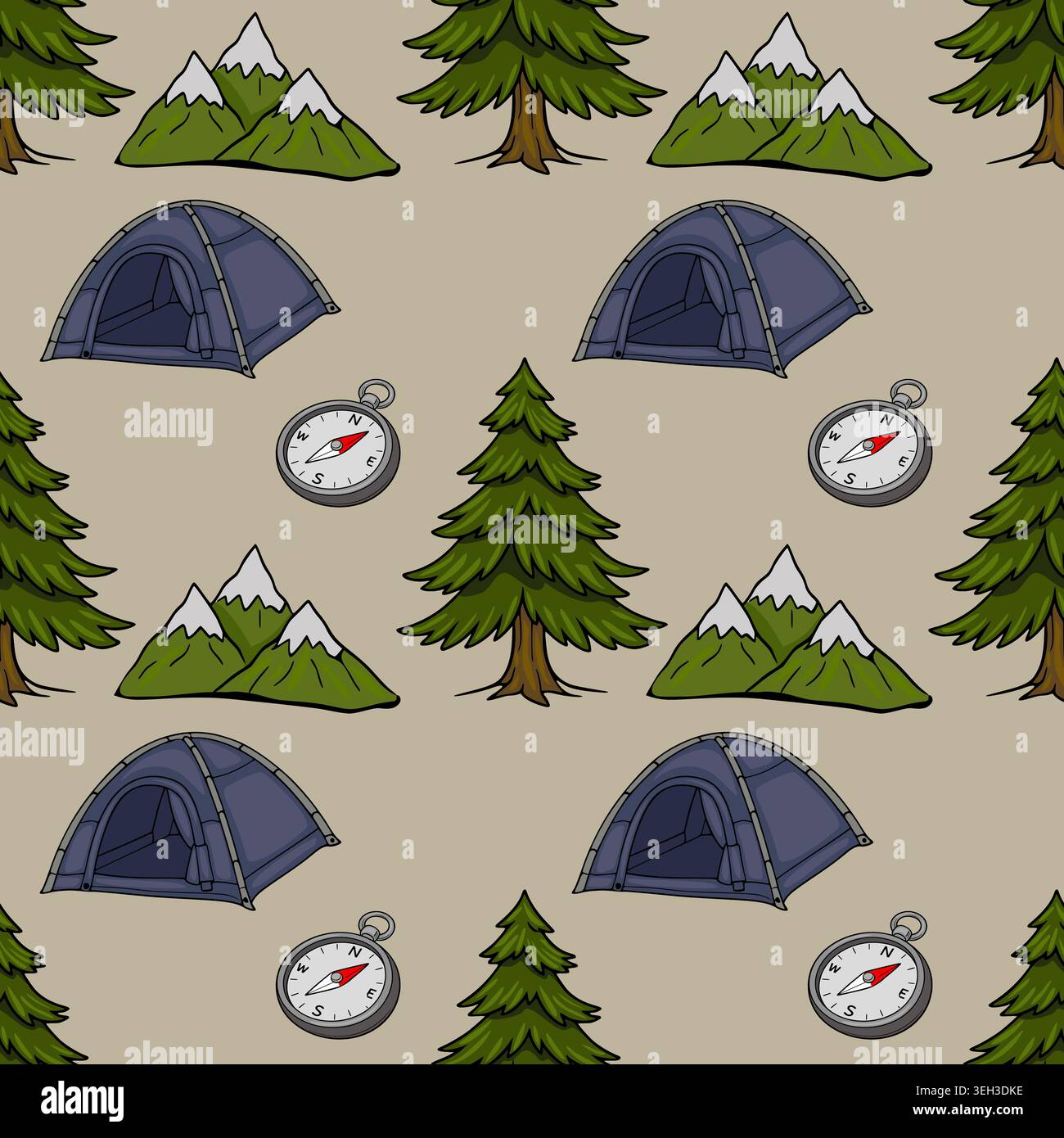 Seamless vector pattern of camping elements with tents, pine trees, snowy mountains, and compasses on a neutral background. Stock Vector