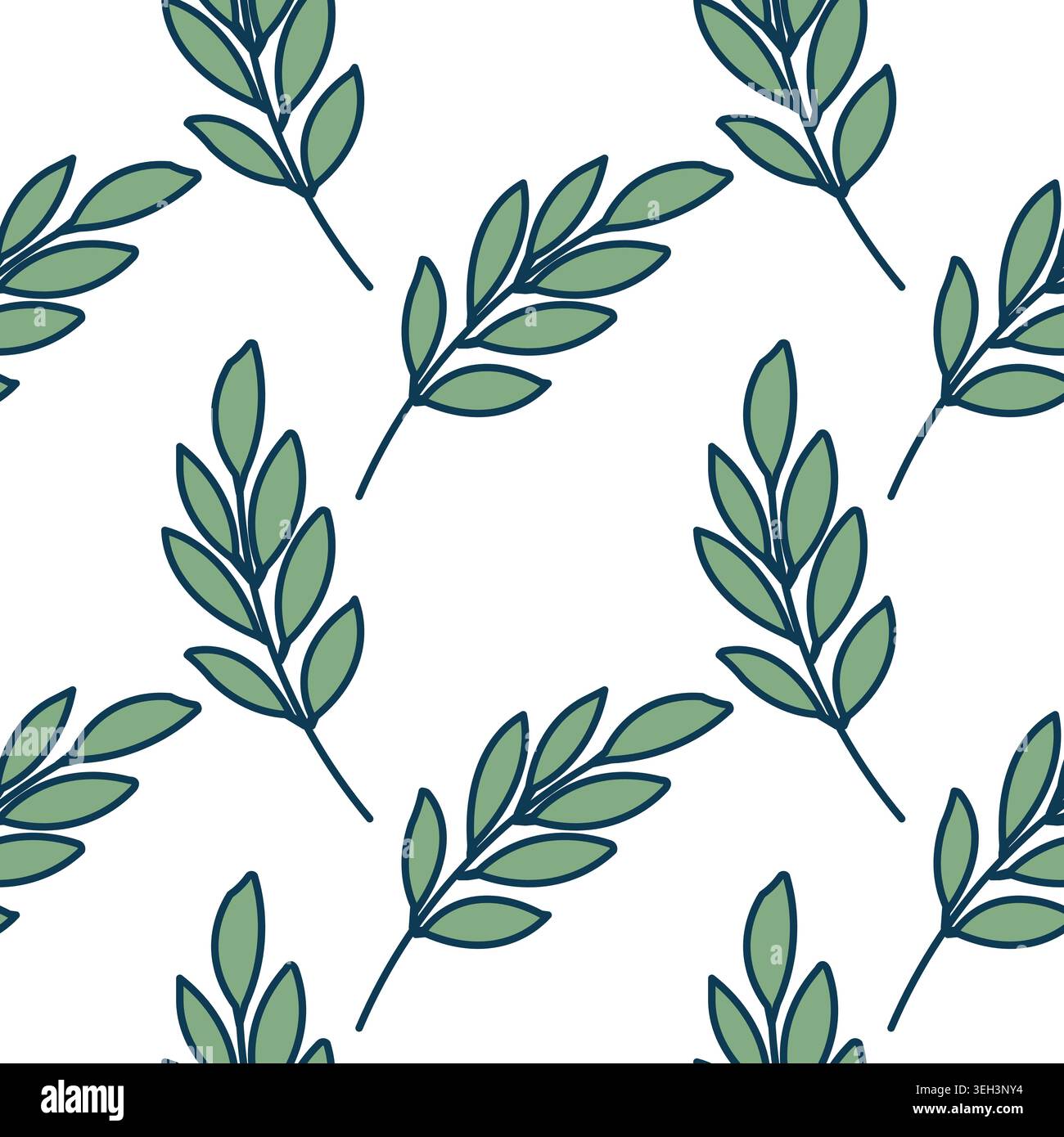 Seamless pattern with hand drawn green leaf branches on white background Stock Photo