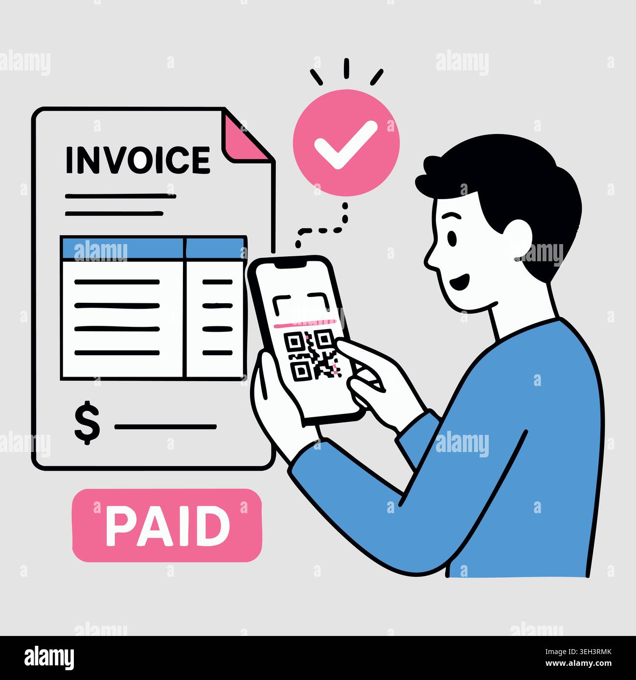 Young man scanning qr code on invoice document with smartphone for online digital mobile payment line vector illustration Stock Vector