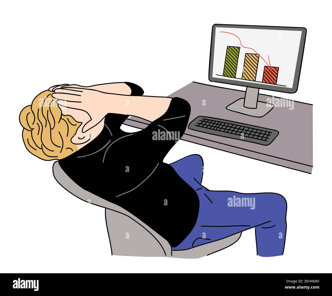 Man sits slumped, hands on head, eyes closed. Stock Vector