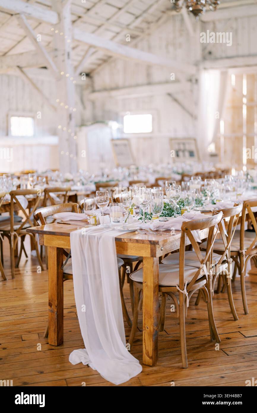 Rustic Barn Wedding Reception Table Decor Stock Photo