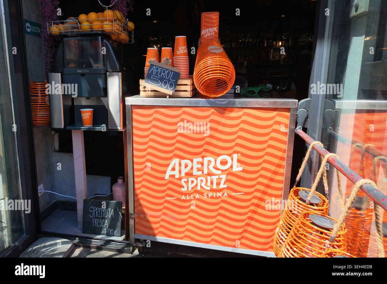 Aperol Spritz promotional display and branded beverage counter outside ...