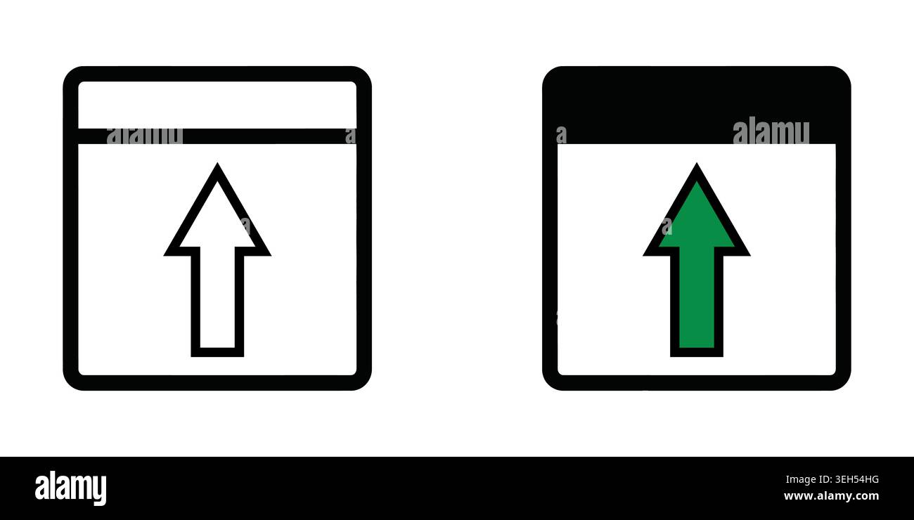 Upload icon set with square window frame and green arrow sign for web Stock Vector