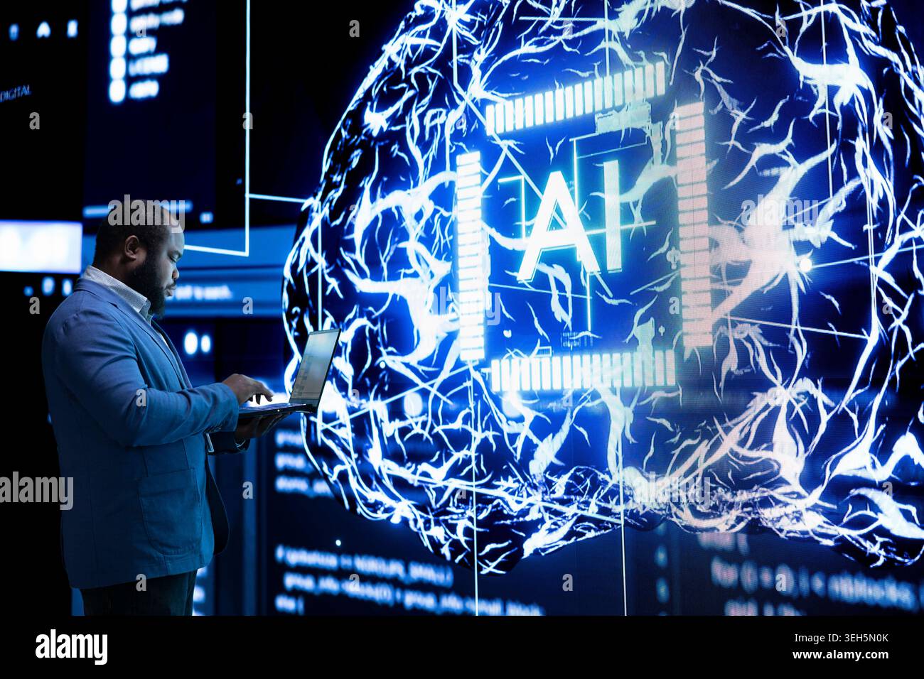 Software developer using advanced AI neural network technology to take decisions. African american man offloading programming tasks to agentic artificial intelligence assistant Stock Photo