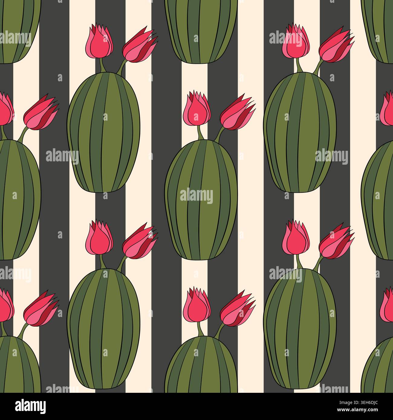 Seamless pattern with cacti, blooming succulent on color background. Vector hand drawn illustration for packaging, fabric, textile. Wild west cactus Stock Vector