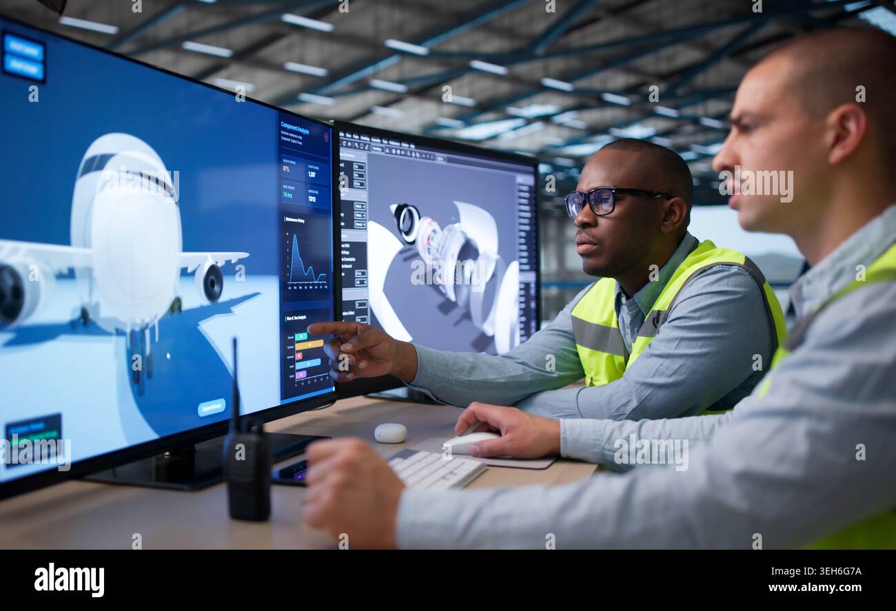 Two Engineers Use 3D Software To Design Airplane Engine Parts Together. Stock Photo