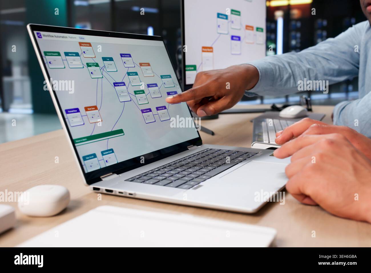 Two Software Engineers Planning Automated Workflow System Using Laptop Together. Stock Photo